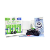 The Small Round Winter PCKG-FROG pool maintenance kit is shown on a white background, including the Pool Wake Up! kit, Pool Pillow Pal, rolled-up tubes, a white cylindrical filter, and a blue cloth.