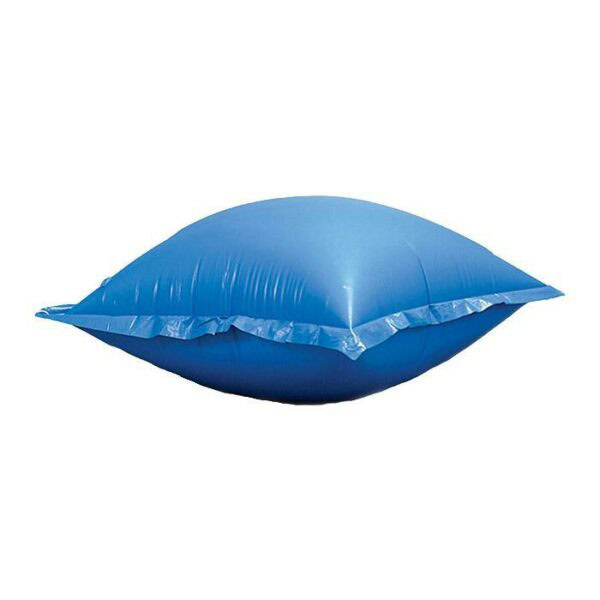 A Small Round Winter PCKG-FROG, a blue, pillow-shaped plastic air bladder with sealed edges, is inflated and displayed on a white background.