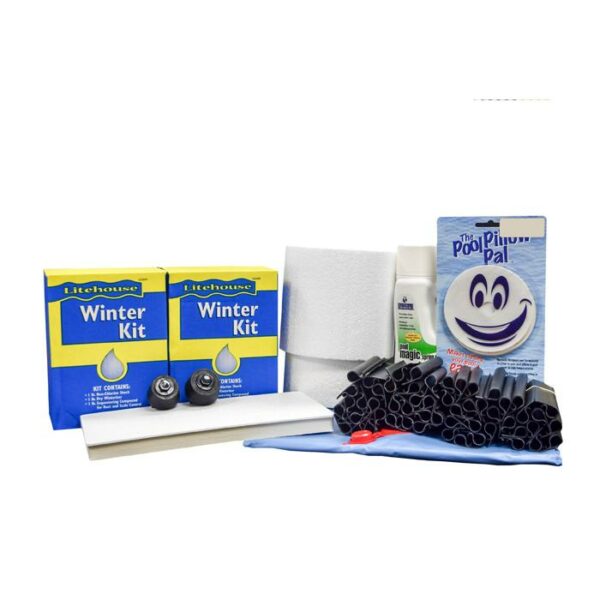 The Medium Round Winter PCKG-STD includes two yellow and blue boxes, a pool pillow, black tubes, a white bottle, a towel, and assorted pool maintenance items arranged together.