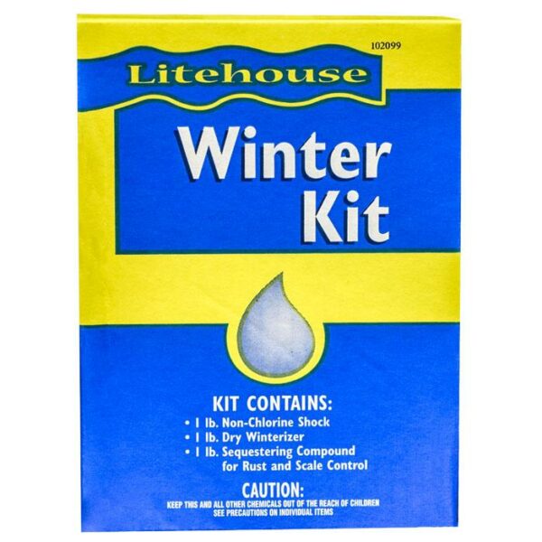 A blue and yellow box labeled Medium Round Winter PCKG-STD with a water droplet image; text lists contents: non-chlorine shock, dry winterizer, and sequestering compound for rust and scale control.
