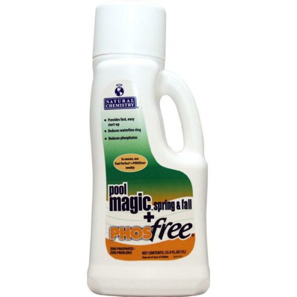 A white plastic bottle of Medium Round Winter PCKG-STD, a pool treatment product, with a green and orange label and white cap. The label highlights benefits such as reducing phosphates.