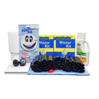 The Large Round Winter PCKG-STD includes two Winter Kit boxes, a bottle of pool solution, a pool pillow package, two black plugs, several black tubes, and white pads displayed on a white surface.