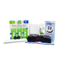 The Large Round Winter PCKG-FROG includes a Pool Wake Up! kit, Pool Pillow Pal box with smiley face, tubes, a liquid bottle, white roll, and blue cloth—all conveniently arranged together for pool maintenance.