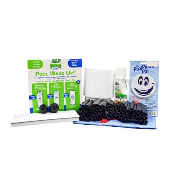 The Large Round Winter PCKG-FROG includes a Pool Wake Up! kit, Pool Pillow Pal box with smiley face, tubes, a liquid bottle, white roll, and blue cloth—all conveniently arranged together for pool maintenance.