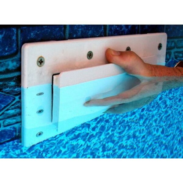 A hand inserts or removes the Large Round Winter PCKG-FROG plate into a wall fitting of a blue swimming pool, partially submerged in water.