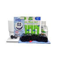 The Small Oval Winter PCKG-FROG includes filter cartridges, a bottle of cleaner, The Pool Pillow Pal package, black plastic tubes, and other pool accessories arranged together for pool maintenance.