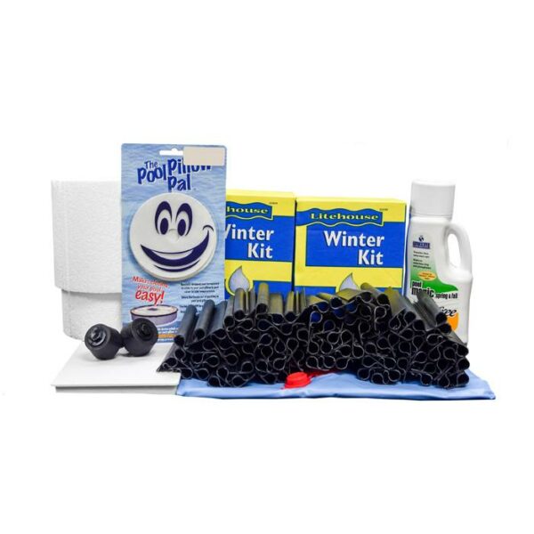 The Large Oval Winter PCKG-STD includes two Winter Kits, pool closing chemical, Pool Pillow Pal, cover clips, a pool cover, and other winterizing accessories arranged together.