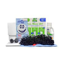 The Large Oval Winter PCKG-FROG includes a chlorine bottle, filter cartridges, white towels, blue mat, rubber hoses, smiling Pool Pal pad, instruction sheets, and packaging for complete pool maintenance.