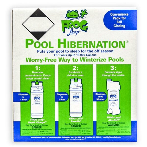 Front of a Large Oval Winter PCKG-FROG box displays three canisters for steps 1–3 in winterizing pools, describing contaminant removal, water clarification, and algae prevention in a blue, green, and white color scheme.