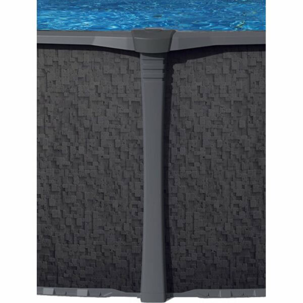 Close-up of the side of the 15 x 52 Blackrock Pool Package, featuring dark textured panels, a central vertical support, and visible blue water along the top edge.