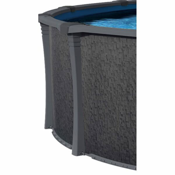 Partial view of the 24 x 52 Blackrock Pool Package, featuring textured dark gray exterior panels, sturdy vertical supports, and visible blue water inside.