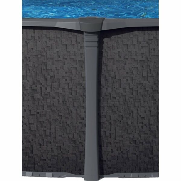 Close-up of the 27 x 52 Blackrock Pool Package side, featuring a textured dark gray panel, vertical support column, and blue water visible at the top.