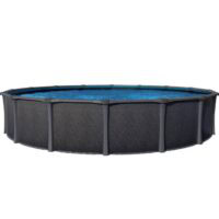 The 30 x 52 Blackrock Pool Package features a large, round, above-ground pool with black exterior panels and supports, filled with clear blue water, displayed against a plain white background.