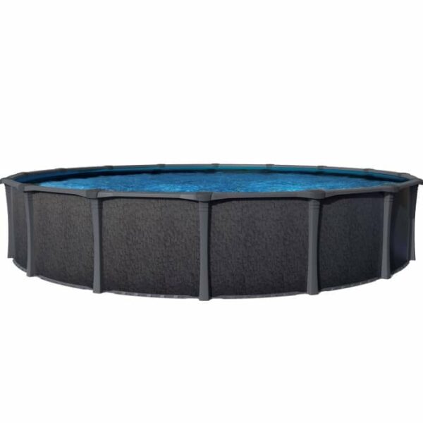 The 33 x 52 Blackrock Pool Package features a large, round, above-ground pool with a dark exterior frame, blue water inside, and evenly spaced vertical support posts around the perimeter.