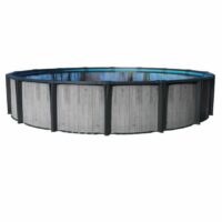The 24 x 54 Montana Pool Package is a large, round above-ground pool featuring gray wood-patterned panels, dark vertical support beams, and filled with clear blue water.