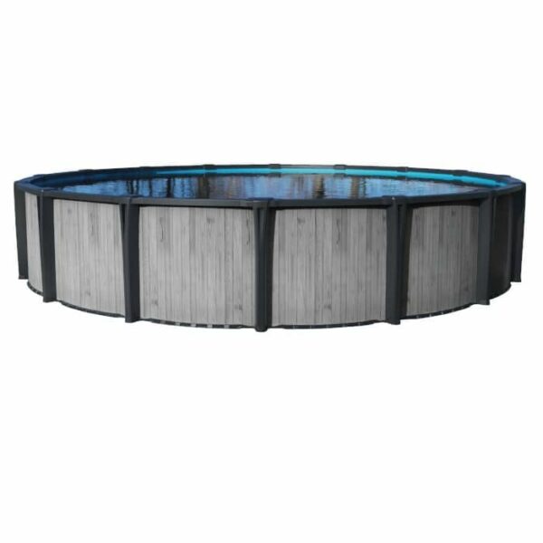The 24 x 54 Montana Pool Package is a large, round above-ground pool featuring gray wood-patterned panels, dark vertical support beams, and filled with clear blue water.