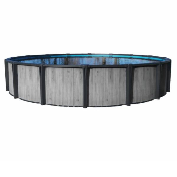 The 30 x 54 Montana Pool Package is a round above-ground pool featuring a wood-look exterior, black vertical supports, and inviting clear blue water.
