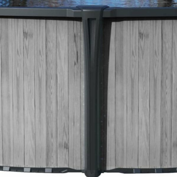 Close-up of the 33 x 54 Montana Pool Package, featuring vertical wooden-style paneling and black plastic supports, with water reflecting at the top edge.