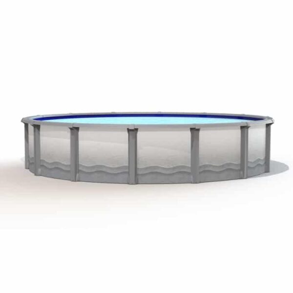 The 18 x 54 Legend Pool Package is a round, above-ground pool featuring a light gray exterior and vertical support beams, filled with clear blue water and displayed against a plain white background.