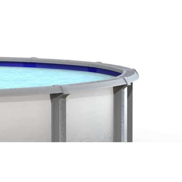 Partial view of the 18 x 54 Legend Pool Package with light blue water and a grey metal frame, displayed against a plain white background.
