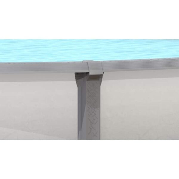 A close-up of the 33 x 54 Legend Pool Packages sidewall and top rail, highlighting the metal frame and textured support post with the pool filled with water.