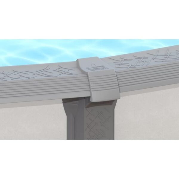 A close-up view of the 18 x 54 Legend Pool Package shows its grey textured metal frame and support post, with clear blue water inside the above-ground pool.