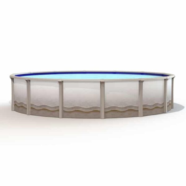 The 33 x 54 Milan Pool Package features a round above-ground design with light-colored exterior walls, vertical supports, and sparkling blue water, shown against a plain white background.