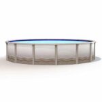 The 24 x 54 Milan Pool Package is a round, above-ground pool with a light-colored, wavy-patterned exterior and sparkling blue water.