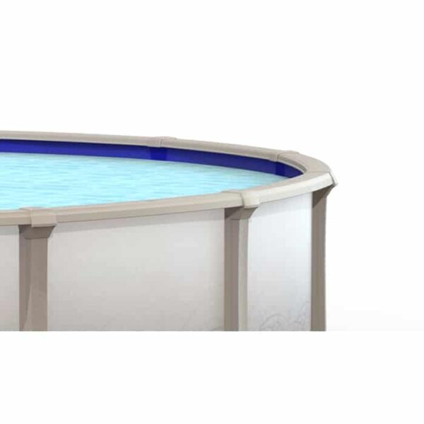 A partial view of the 21 x 54 Milan Pool Package featuring clear blue water, beige vertical supports, and a blue inner lining, set against a white background.