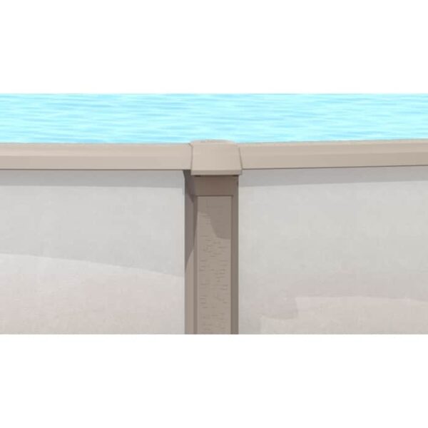 Close-up of the exterior wall and top edge of the 30 x 54 Milan Pool Package filled with water, highlighting a beige vertical support post and surrounding panels.