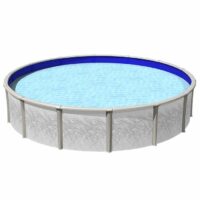 The 12 x 52 Meridian Pool Package is a round, above-ground pool with light gray, leaf-patterned sides and clear blue water.