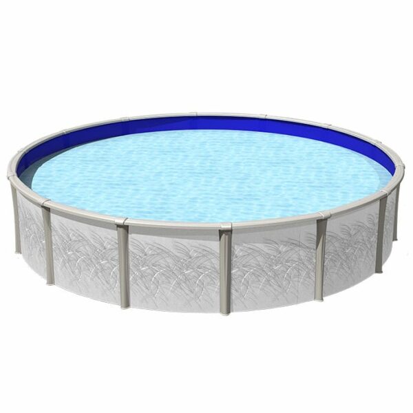The 21 x 52 Meridian Pool Package is a round, above-ground pool with a decorative white exterior, clear blue water, vertical support posts, and subtle leaf-patterned side panels.
