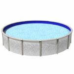 The 24 x 52 Meridian Pool Package features a round above-ground pool with clear blue water, gray decorative panels, and sturdy vertical support beams around the exterior.