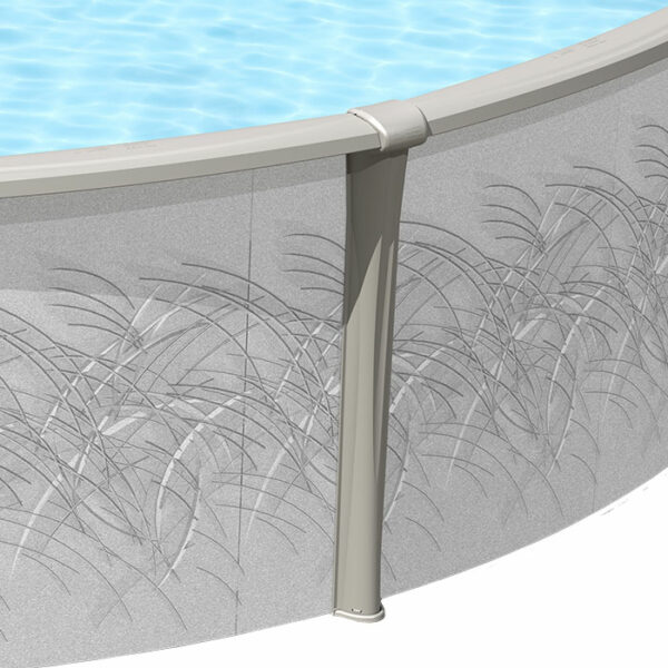 Close-up of the 12 x 52 Meridian Pool Package showing its textured gray exterior with curved line patterns, a vertical beige support post, and visible water at the top.