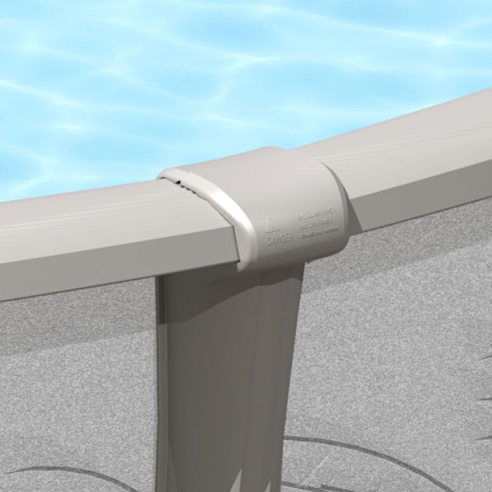 Close-up of the 18 x 52 Meridian Pool Package’s top edge, featuring its curved metal frame, vertical support post, and clear blue water inside.