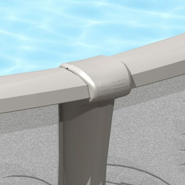 Close-up rendering of the 21 x 52 Meridian Pool Package, showing a section of its gray metal frame and plastic connector with blue water visible inside.