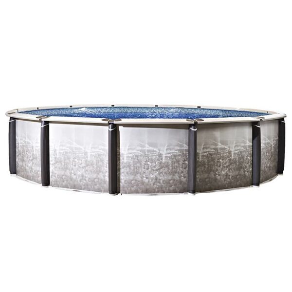 The 27 x 54 Pinnacle Pool Package is a round, above-ground swimming pool featuring a gray textured exterior, black vertical supports, and sparkling blue water.