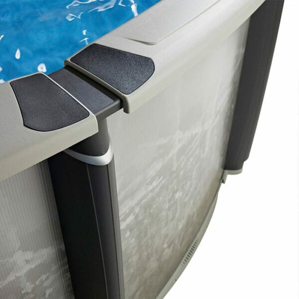 Close-up of the 27 x 54 Pinnacle Pool Package, highlighting the textured gray and black pool frame, plastic side panels, and vibrant blue water inside.