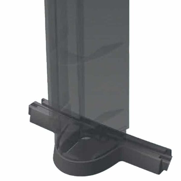A close-up shows a dark rectangular post fixed to a rounded base with a horizontal bracket below, featured in the 27 x 54 Pinnacle Pool Package.