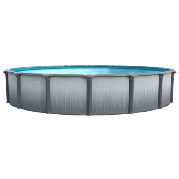 The 15 x 54 Serenity Pool Package is a large, round, above-ground pool featuring a gray exterior frame and clear blue water, displayed against a white background.