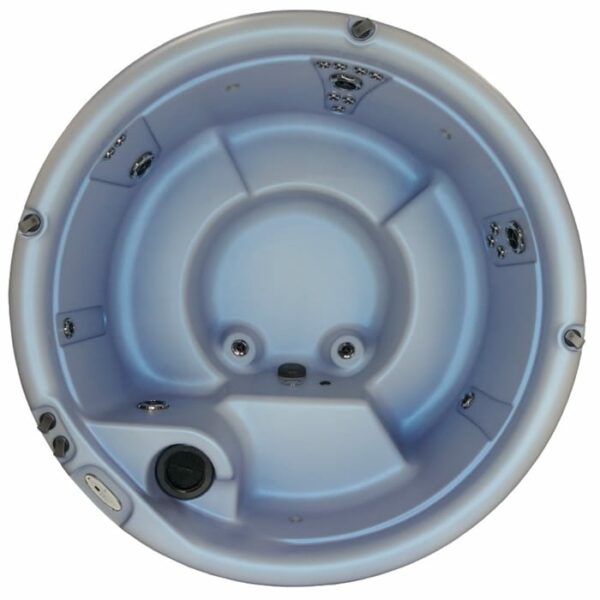 Top-down view of the Warrior XL hot tub in Drift Shell with a Black Cabinet. Features include a round design, built-in molded seats, multiple jets, and control panels around the edges for easy access.