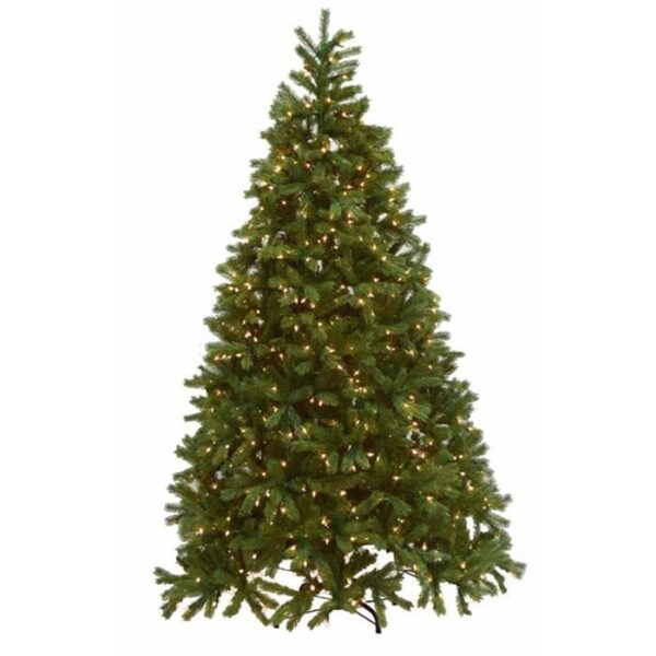 A 6.5 White Fir artificial Christmas tree with color changing LED lights stands on a metal stand against a plain white background.