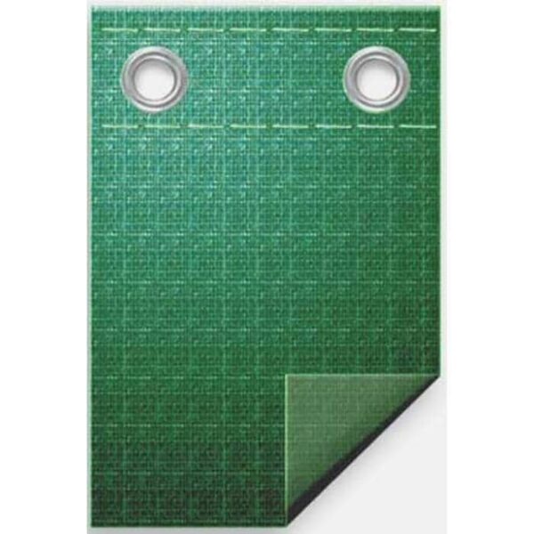 The Winter Cover 18 x 34 Oval - Classic is a green rectangular cover with a grid pattern, two metal eyelets at the top, and one corner folded upward to display the reverse side.