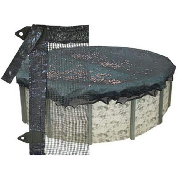 A 24 round above-ground pool covered with the Mesh Leaf Guard Net, a black mesh safety cover, secured with straps and clips—showcasing both mesh and solid tarp options.
