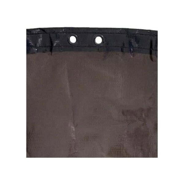 Close-up of the Winter Cover 16 x 32 Oval - Ultra-Premium shows its brown material, reinforced black edge, and two metal grommets along the top for secure installation.