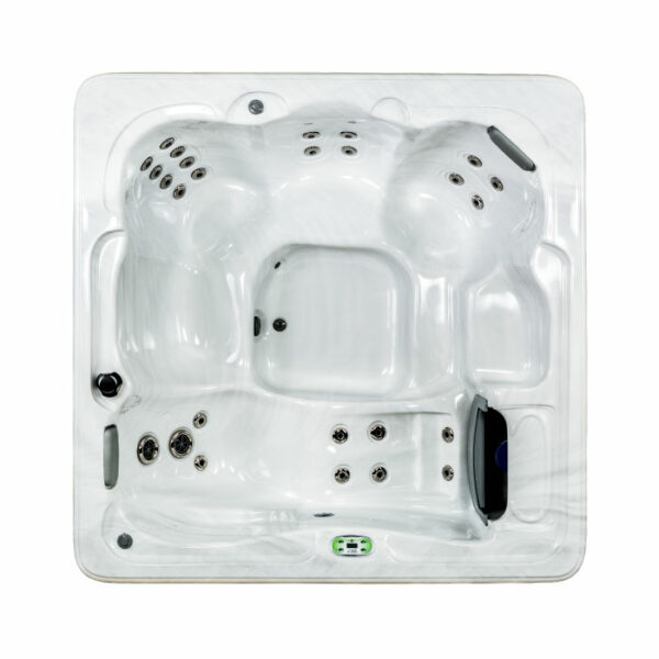 Top-down view of the WISTERIA hot tub with a silver marble shell and black cabinet, featuring multiple seats, built-in jets, headrest, and a side control panel. The hot tub is spotless and empty.