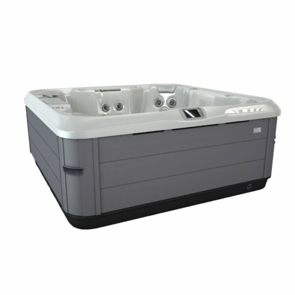 The X8 SELECT KIT hot tub, featuring an Almond Shell and Acorn Cabinet, seats multiple people and includes built-in jets and a control panel, displayed against a plain white background.