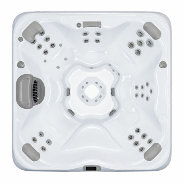 Top-down view of the X8 SELECT KIT in Almond Shell with Acorn Cabinet: a white, square hot tub featuring four seats, multiple jets, two headrests, built-in filter, control panel, and a clean, symmetrical design.