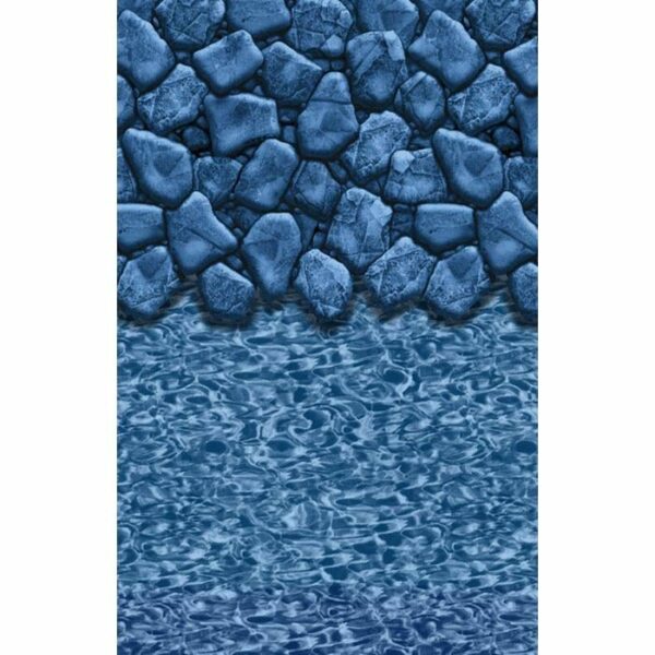 The 18′ x 33′ x 52″ Blackrock Pool Package features a design with blue stones at the top, blending into a rippling blue water pattern below for striking contrast between textured rocks and smooth water.