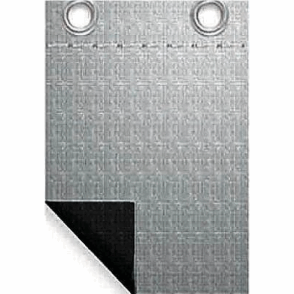 The Winter Cover 24 Round - Premium is a rectangular silver tarp featuring two metal grommets along the top edge and a black underside visible at the folded corner.
